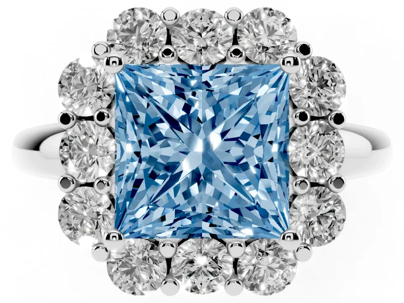 Princess Cut Graduated Milgrain Halo Engagement Ring Setting for a Fancy Blue Lab-Grown Diamond | Sterling Silver