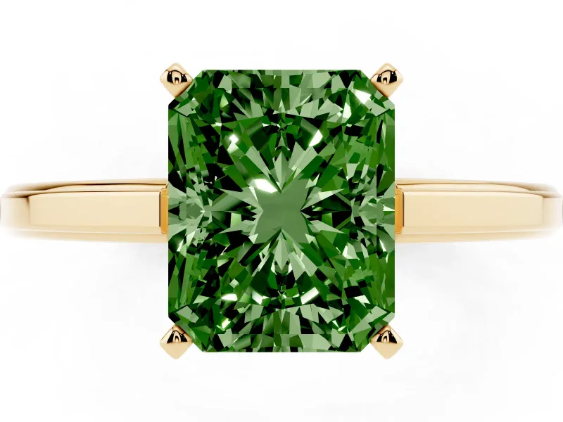 Fancy Green Radiant Cut Diamond Solitaire Ring Set in Yellow gold with Prong Setting and Classic Band