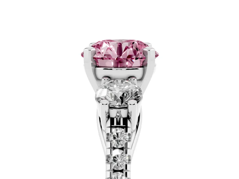 Fancy Pink Three-Stone Round Cut Diamond Pavé Band Ring Set in Silver with Prong-Set Trio