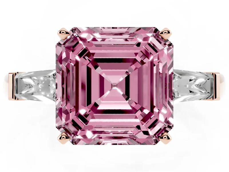 Asscher Cut Three Stone Engagement Ring Setting for a Fancy Pink Lab-Grown Diamond | Tapered Baguettes | Rose Gold