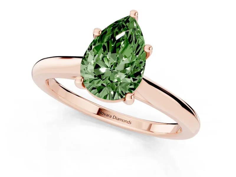 Fancy Green Pear Cut Diamond Solitaire Ring Set in Rose gold with Cathedral Band and Prong Setting