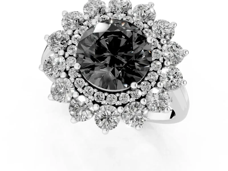 Round Floral Double Halo Engagement Ring Setting for a Black Center | Plain Band | Sterling Silver