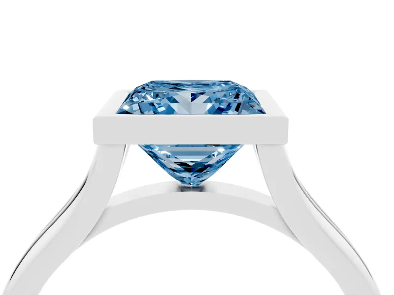 Fancy Blue Bezel Set Princess Cut Diamond Solitaire Ring Set in White gold with Tapered Band