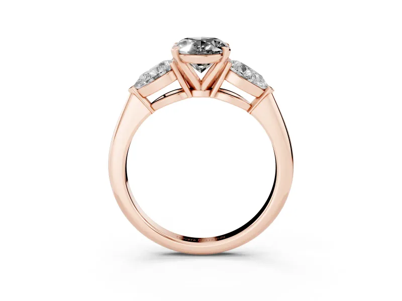 Fancy Black Three-Stone Oval Cut Diamond Ring Set in Rose gold with Pear Side Stones and Prong Setting