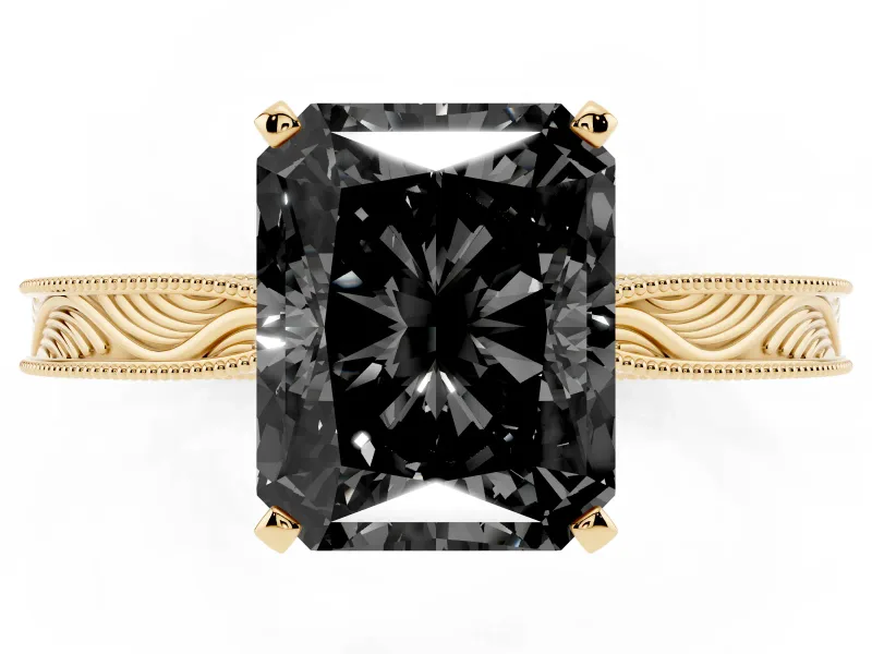 Fancy Black Radiant Cut Diamond Solitaire Milgrain Engraved Band Set in Yellow gold with Prong Setting