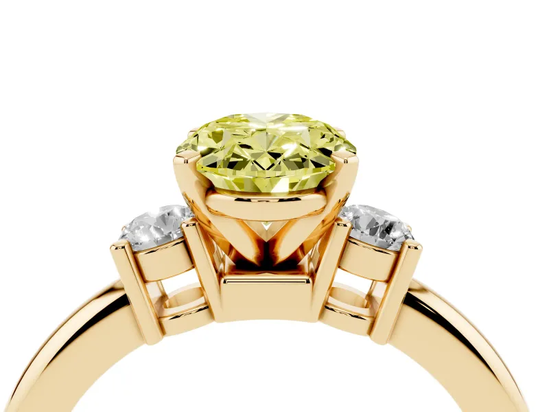 Fancy Yellow Three-Stone Oval Cut Diamond Ring Set in Yellow gold with Prong Setting and Plain Band