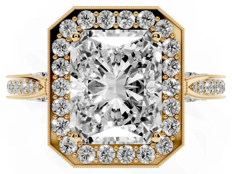 Radiant Cut Vintage Milgrain Halo Engagement Ring Setting | Side Stones and Pave | Yellow Gold