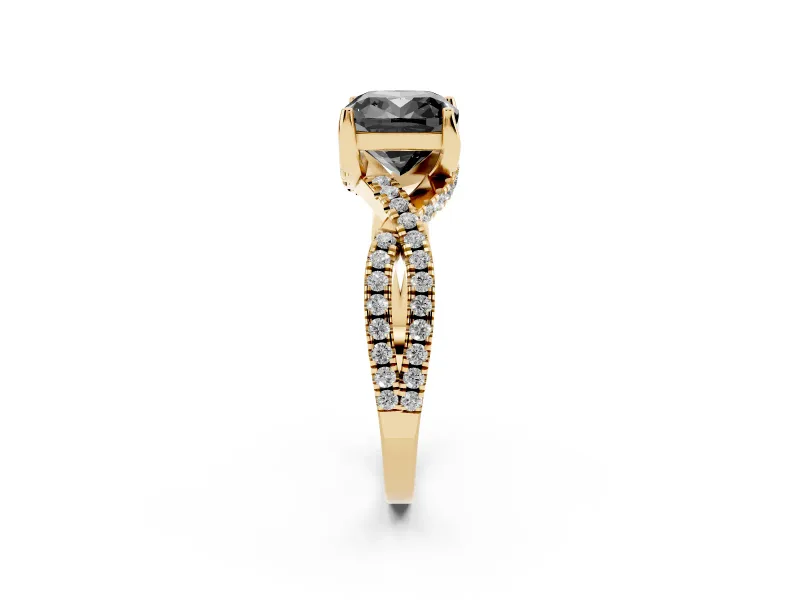 Cushion Cut Twisted Pavé Engagement Ring Setting for a Black Center | Split Shank | Yellow Gold