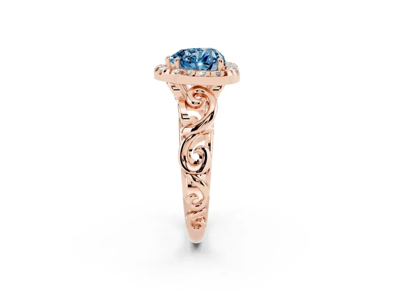 Fancy Blue Heart Cut Diamond Halo Ring Set in Rose gold with Scrollwork Band and Prong Setting