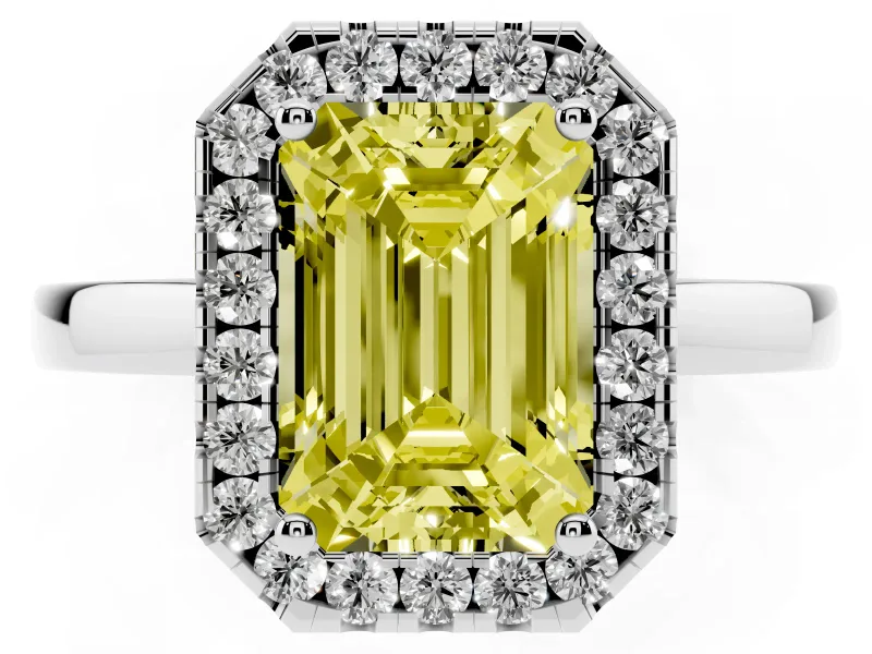 Fancy Yellow Emerald Cut Diamond Halo Solitaire Ring Set in White gold with Pavé Band and Prong Setting