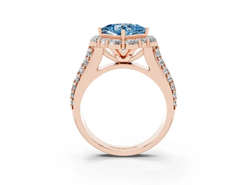Fancy Blue Princess Cut Diamond Halo Engagement Ring Set in Rose gold with Split Shank and Prong Setting