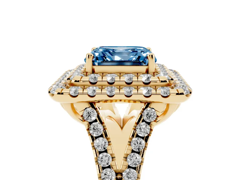 Asscher Cut Halo Split Shank Engagement Ring Setting for a Fancy Blue Lab-Grown Diamond | Pavé Strands | Yellow Gold