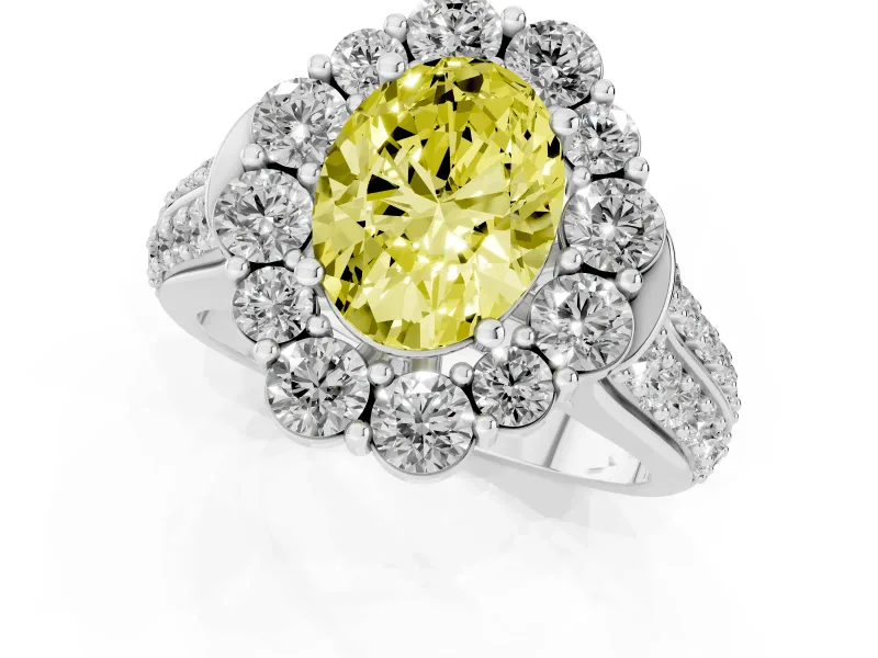 Fancy Yellow Oval Cut Diamond Halo Engagement Ring Set in White gold with Split Shank and Prong Setting