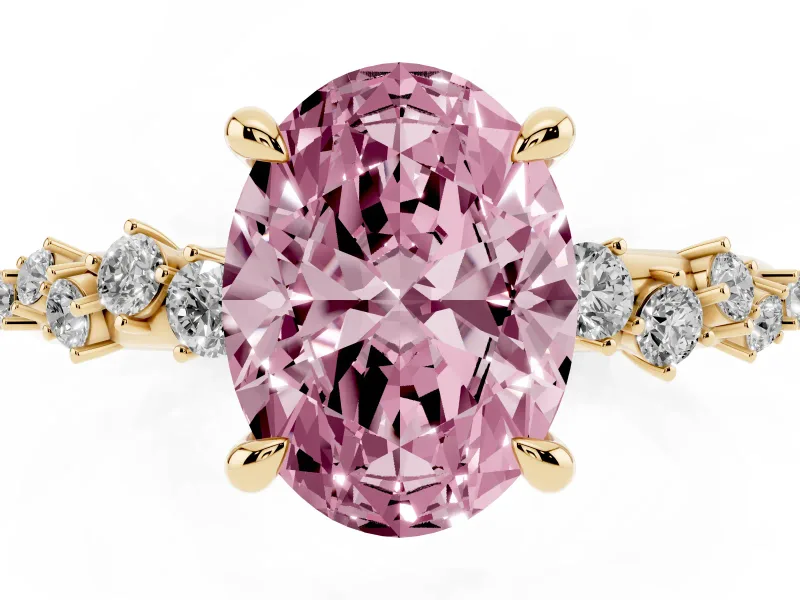 Fancy Pink Oval Cut Diamond Solitaire Vine Band Ring Set in Yellow gold with Round Accents and Prong Setting