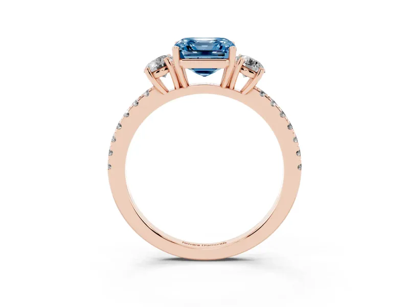 Asscher Cut Three Stone Engagement Ring Setting for a Fancy Blue Lab-Grown Diamond | Pave Shoulders | Rose Gold