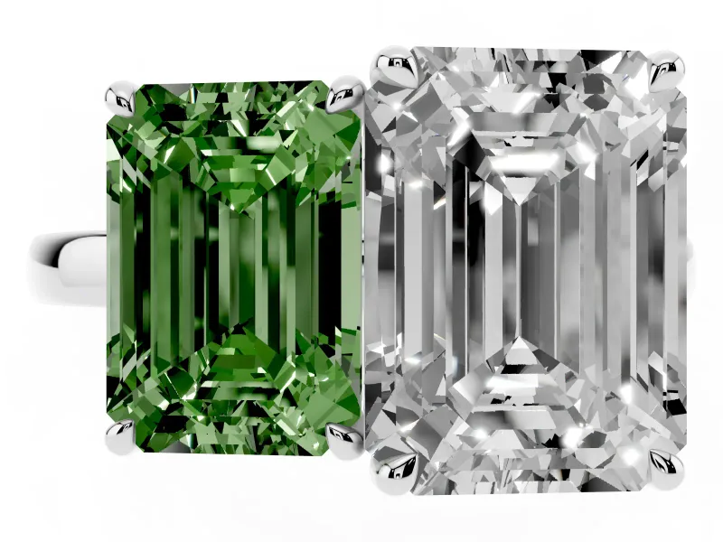 Fancy Green Emerald Cut and Emerald Cut Toi Moi Ring Set in Platinum with Prong Setting
