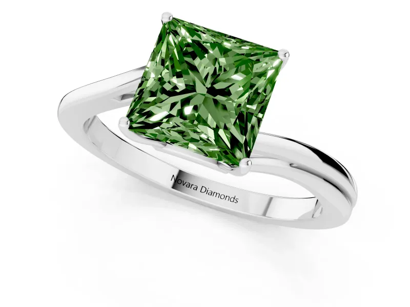 Fancy Green Princess Cut Diamond Solitaire Twist Band Ring Set in Platinum with Prong Setting