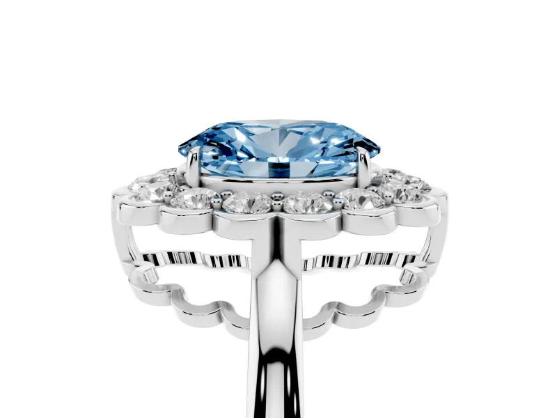 Oval Scalloped Cluster Halo Engagement Ring Setting for a Fancy Blue Lab-Grown Diamond | Plain Band | Platinum