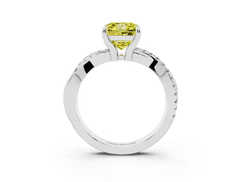 Fancy Yellow Princess Cut Diamond Twist Band Solitaire Set in Silver with Pavé Accents and Prong Setting