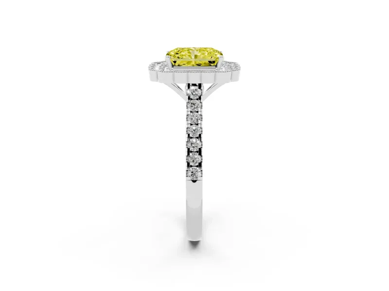 Radiant Cut Milgrain Floral Halo Engagement Ring Setting for a Fancy Yellow Lab-Grown Diamond | Pavé Band | White Gold