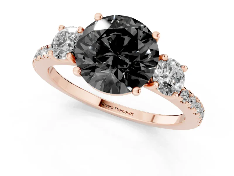 Fancy Black Round Cut Diamond Three-Stone Ring Set in Rose gold with Pavé Band and Graduated Sides