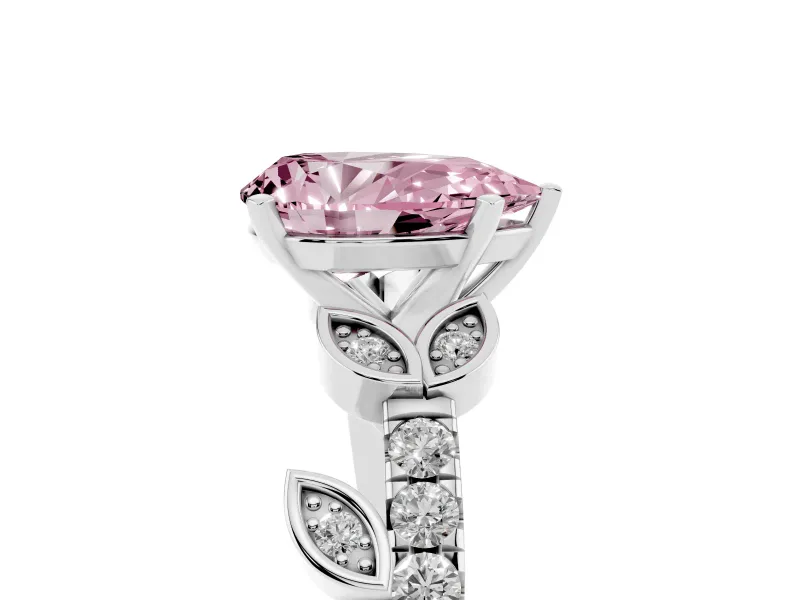 Fancy Pink Pear Cut Diamond Solitaire Leaf-Inspired Ring Set in Silver with Pavé Band and Prong Setting