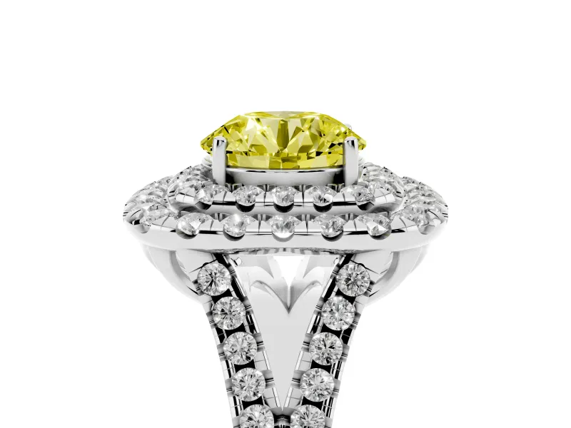 Round Halo Split Shank Engagement Ring Setting for a Fancy Yellow Lab-Grown Diamond | Pavé Strands | Sterling Silver