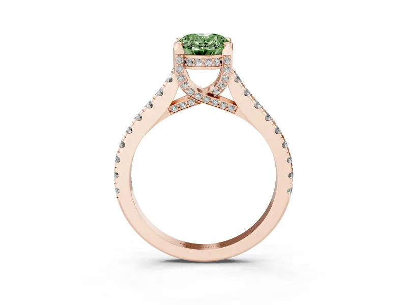 Oval Hidden Halo Pave Engagement Ring Setting for a Fancy Green Lab-Grown Diamond | Claw Prongs | Rose Gold