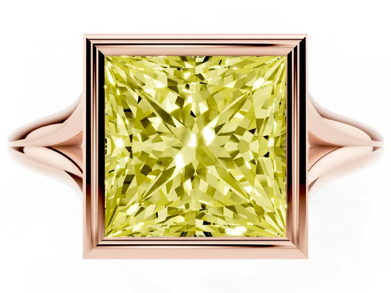 Fancy Yellow Bezel Set Princess Cut Diamond Solitaire Ring Set in Rose gold with Tapered Band