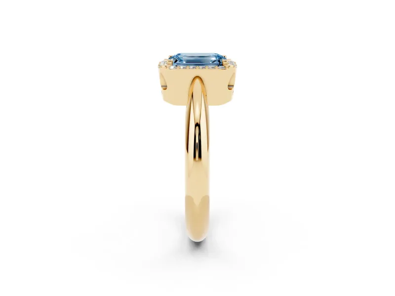Emerald Cut Halo Engagement Ring Setting for a Fancy Blue Lab-Grown Diamond | Plain Tapered Band | Yellow Gold