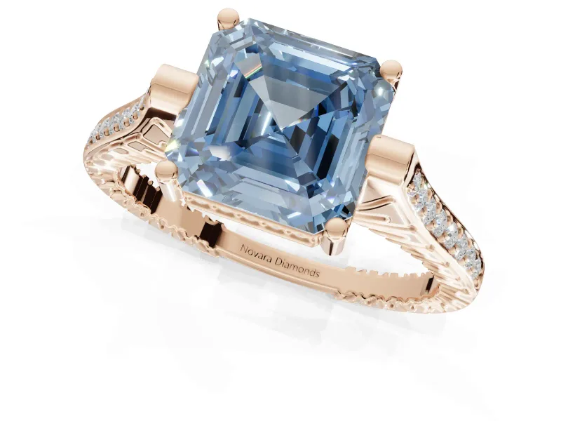 Asscher Cut Vintage Cathedral Engagement Ring Setting for a Fancy Blue Lab-Grown Diamond | Carved Band | Rose Gold