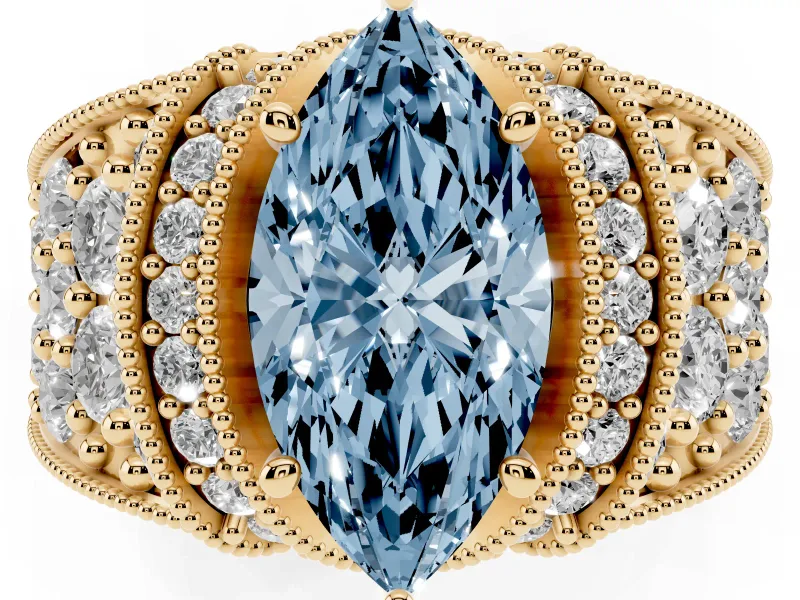 Fancy Blue Marquise Cut Diamond Milgrain Halo Pavé Engagement Ring Set in Yellow gold with Prong Setting
