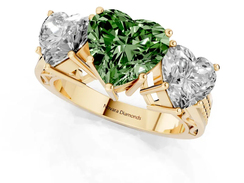 Heart-Shaped Three Stone Engagement Ring Setting for a Fancy Green Lab-Grown Diamond | Beaded Shoulders | Yellow Gold