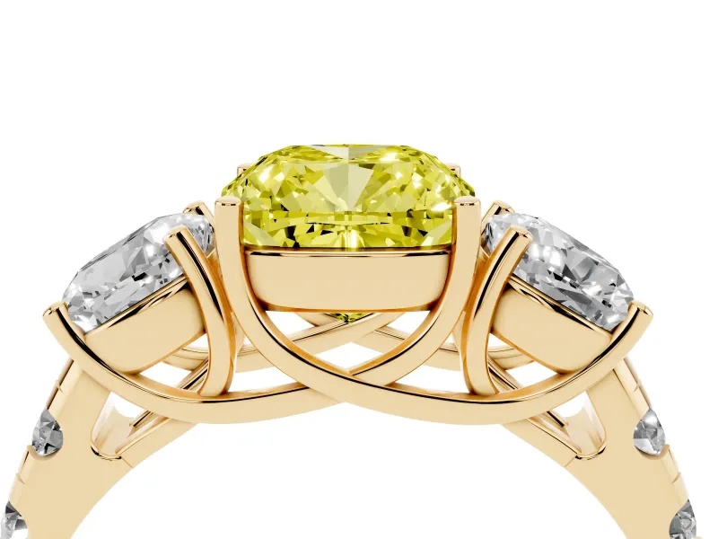 Fancy Yellow Cushion Cut Diamond Three-Stone Ring Set in Yellow gold with Pavé Band