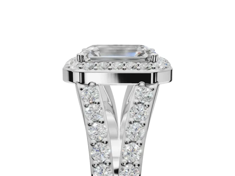 Emerald Cut Halo Pavé Engagement Ring Setting | Narrow Split Shank | Platinum
