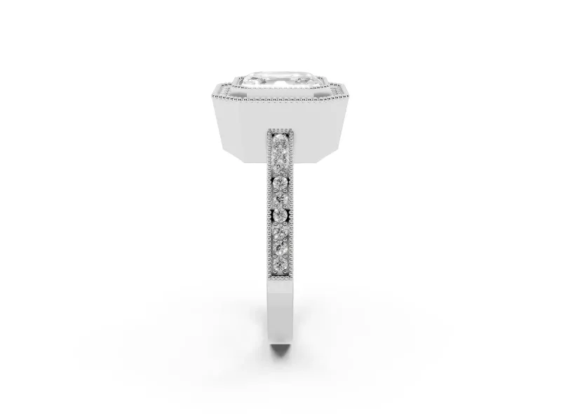 Asscher Cut Diamond Halo Ring Set in White gold with Pavé Band and Milgrain-Edged Prongs