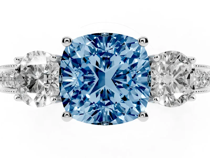 Fancy Blue Cushion Cut Diamond Three-Stone Ring Set in Platinum with Round Side Stones and Pavé Band