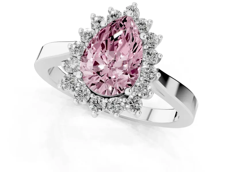 Fancy Pink Pear Cut Diamond Halo Ring Set in White gold with Round Halo and Smooth Solitaire Band