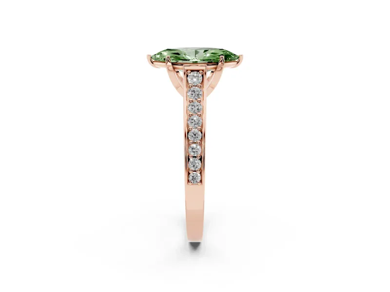 Fancy Green Marquise Cut Diamond Solitaire Pavé Engagement Ring Set in Rose gold with Prong Setting