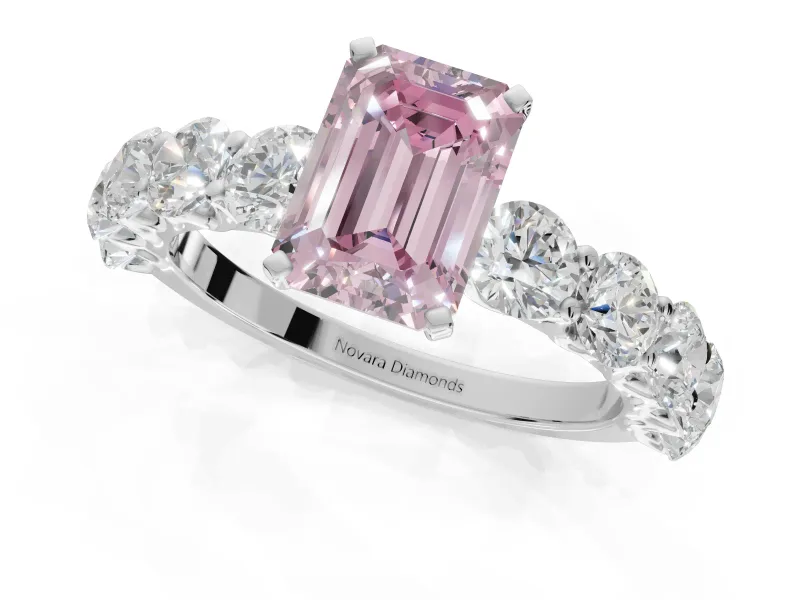 Emerald Cut Side Stone Engagement Ring Setting for a Fancy Pink Lab-Grown Diamond | Scalloped Prong Accents | White Gold