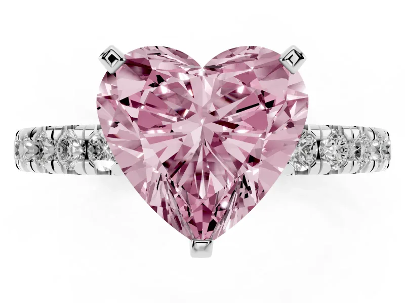 Fancy Pink Heart Cut Diamond Pavé Solitaire Ring Set in White gold with Round Band and Prong Setting