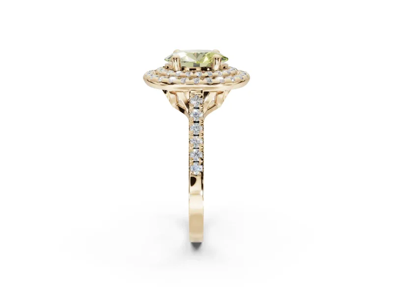 Oval Double Halo Engagement Ring Setting for a Fancy Yellow Lab-Grown Diamond | Pave Shoulders | Yellow Gold