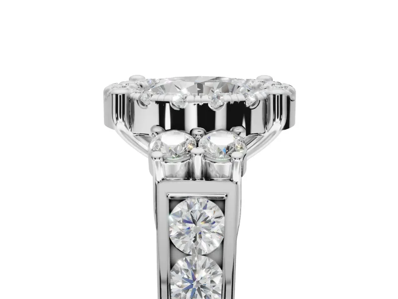 Round Halo Side Cluster Engagement Ring Setting | Graduated Channel Band | Platinum