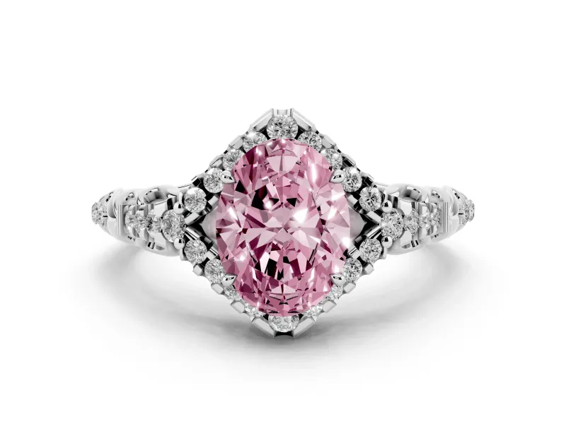 Fancy Pink Oval Cut Diamond Solitaire Ring Set in Silver with Hidden Halo and Pavé Band