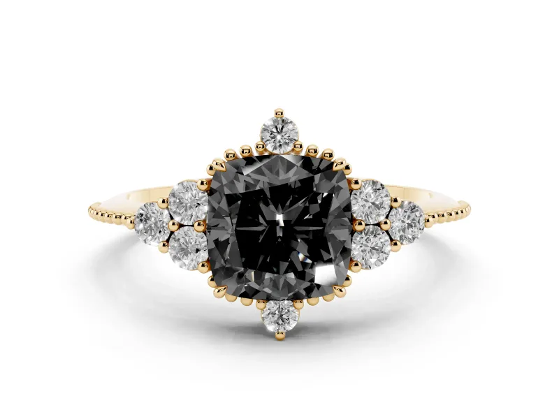 Fancy Black Cushion Cut Diamond Cluster Ring Set in Yellow gold with Beaded Band