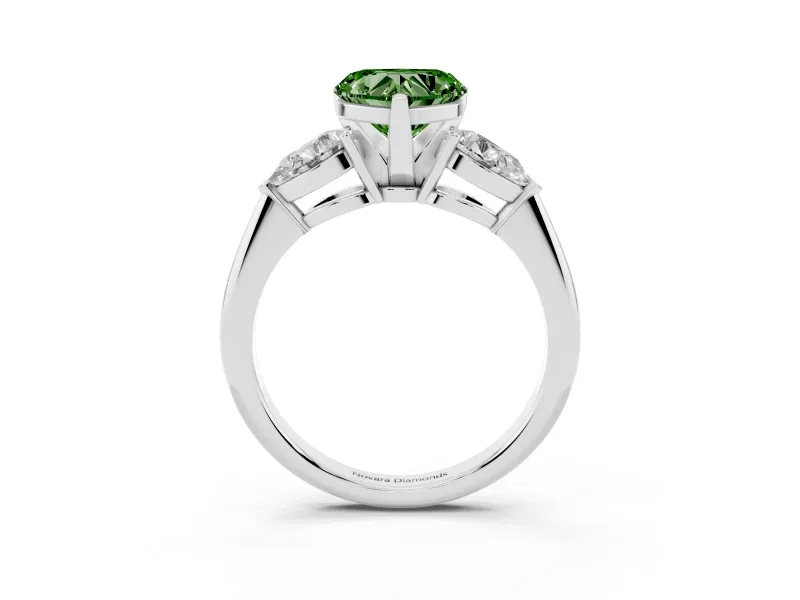 Fancy Green Three-Stone Heart Cut Diamond Ring Set in White gold with Pear Side Stones and Prong Setting
