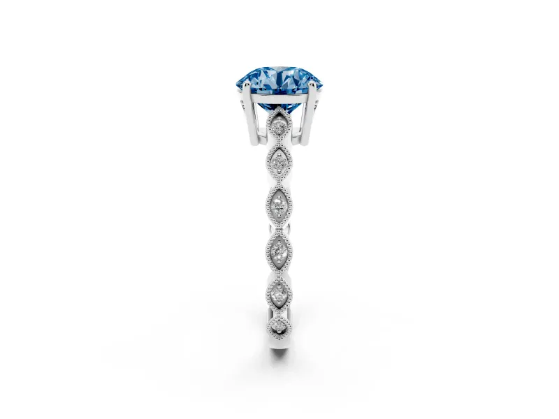 Fancy Blue Round Cut Diamond Solitaire Ring Set in White gold with Infinity Twist Pavé Band