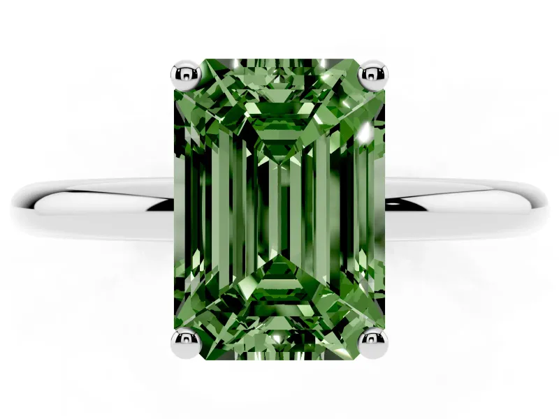 Fancy Green Emerald Cut Diamond Solitaire Engagement Ring Set in Platinum with Prong Setting and Polished Band