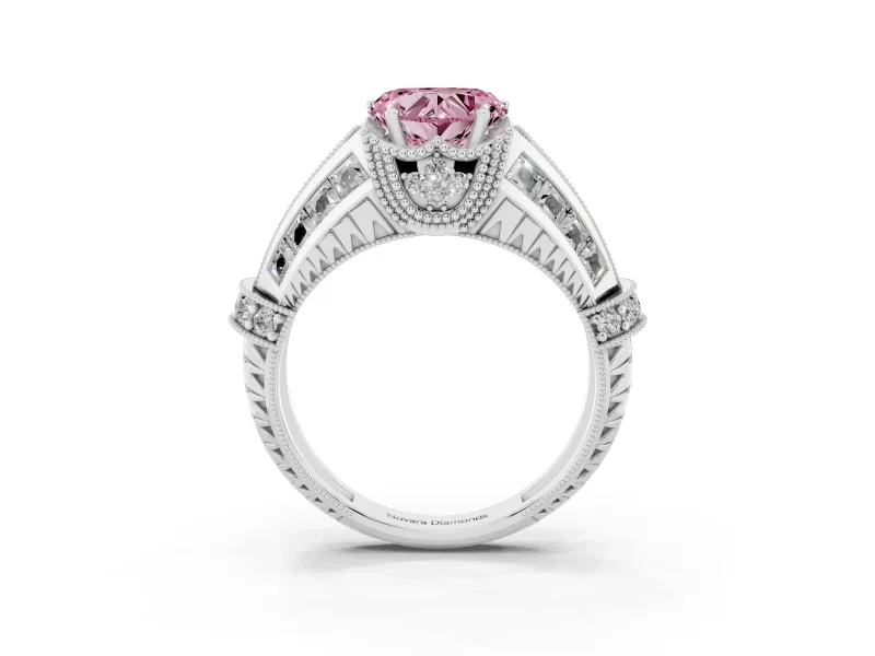 Fancy Pink Heart Cut Diamond Vintage-Inspired Milgrain Ring Set in Platinum with Accent Split Shank