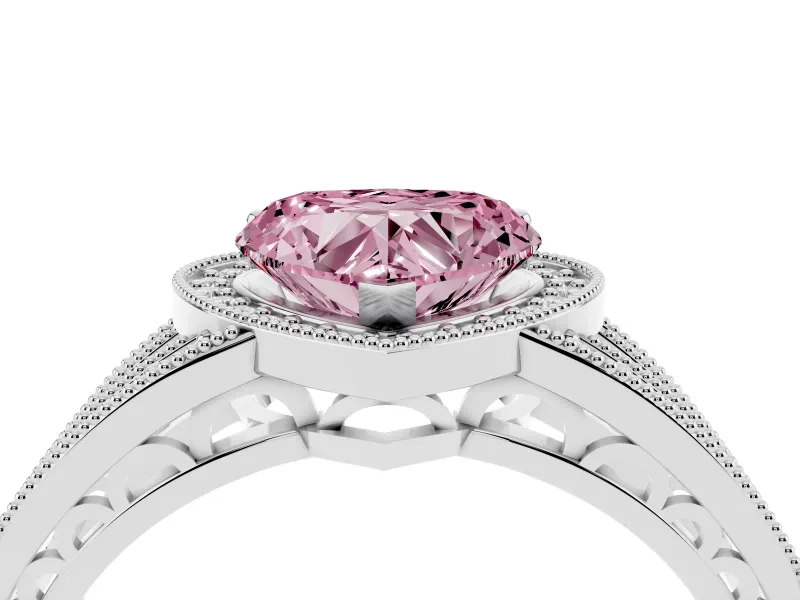 Heart-Shaped Milgrain Halo Engagement Ring Setting for a Fancy Pink Lab-Grown Diamond | Split Shank | White Gold